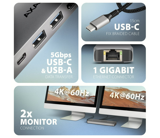 Axagon HMC-7HX2 USB-C 5Gbps DUAL 4K DISPLAY 7in1 hub - 1353488 - zdjęcie 4